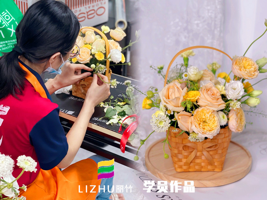 奶油系手提花籃特點(diǎn)，?廣西學(xué)花藝零基礎(chǔ)課程