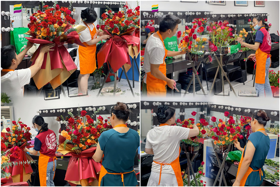 玫瑰開業(yè)花籃制作，廣西插花師學(xué)校學(xué)員作品