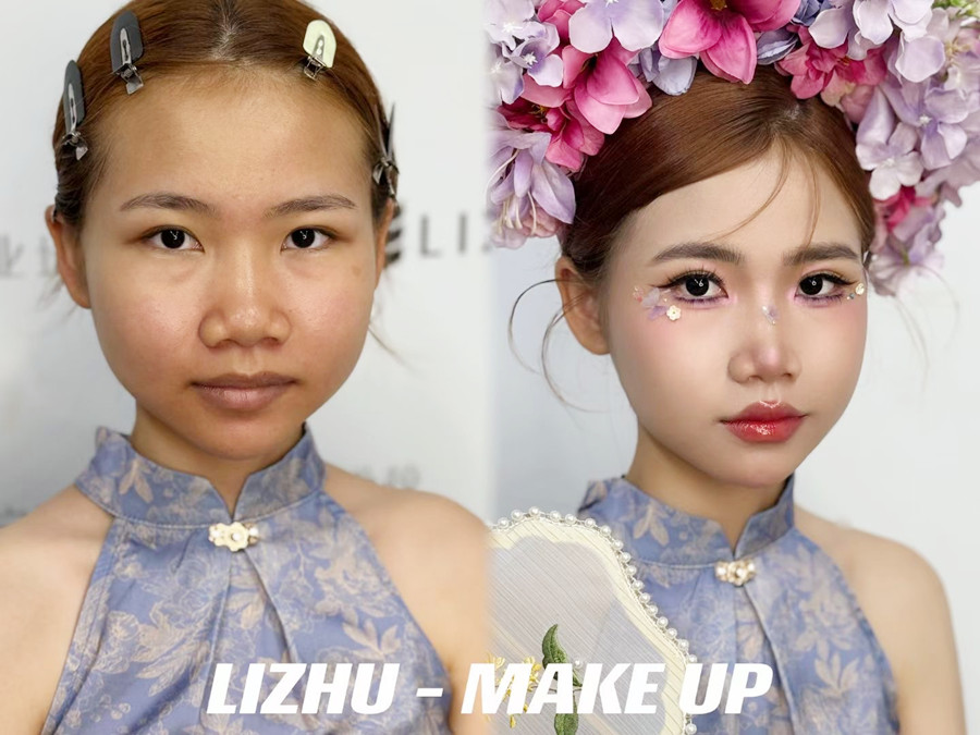 簪花造型課堂實(shí)況，廣西美妝課堂作品欣賞