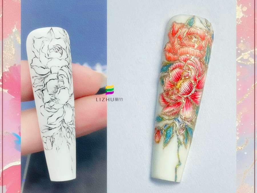 國(guó)風(fēng)刺繡牡丹美甲，廣西美甲設(shè)計(jì)學(xué)校作品