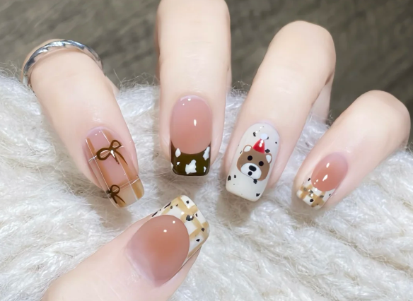 格紋手繪小熊美甲教程，南寧美甲教學分享