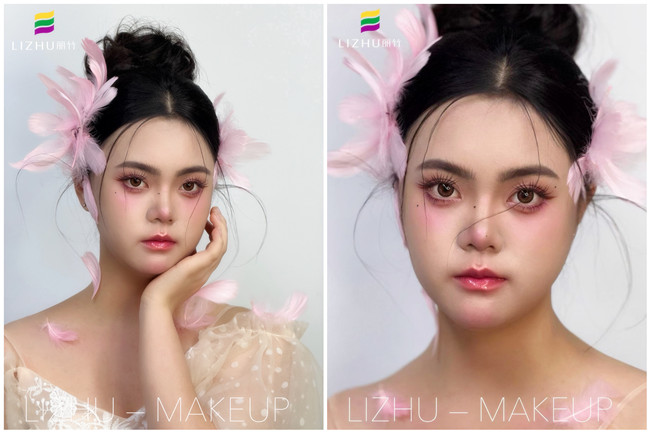 粉色羽毛寫真作品，廣西學(xué)化妝操作