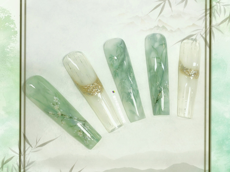 0基礎美甲教學：水彩彩繪美甲作品---青黛